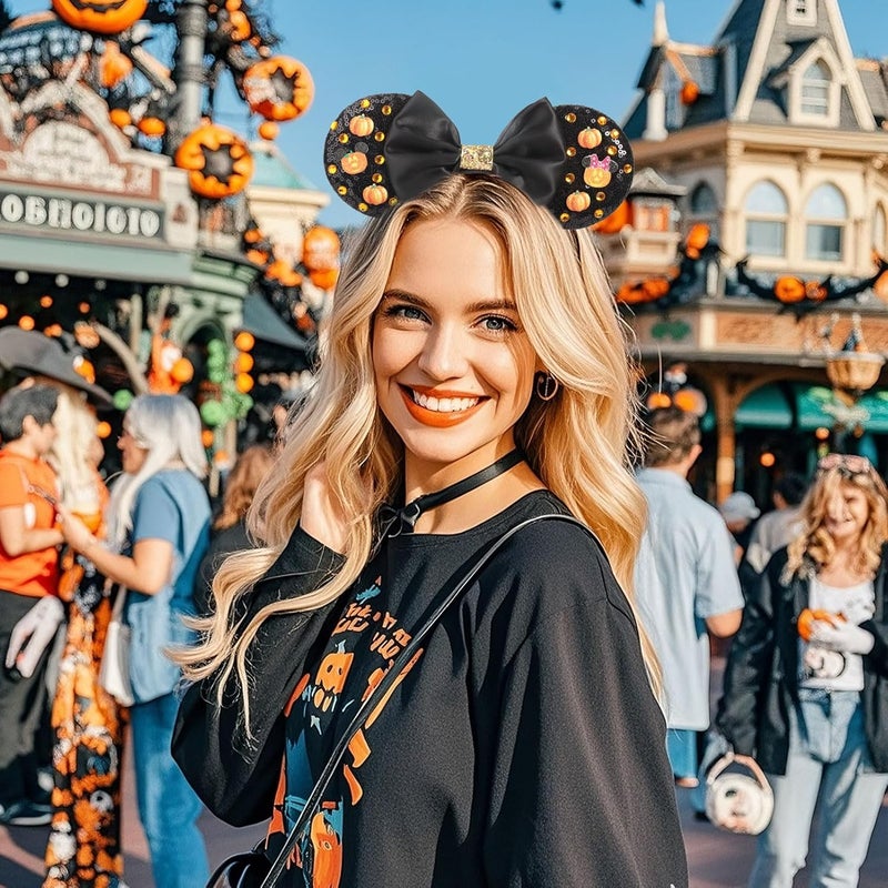 ETLUK Halloween Headband with Pumpkin & Orange Acrylic Rhinestones, Sparkly Sequin Bow Halloween Mouse Ears Accessories for Women, Girls, Adults - Image 4